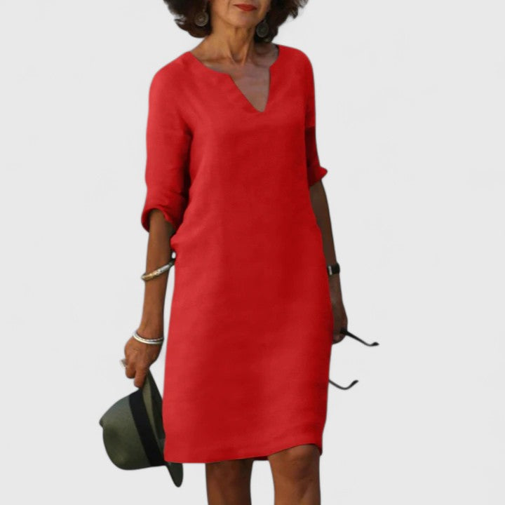 Relaxed fit women's V-neck dress, comfortable and breathable. Perfect for easy-care summer fashion.