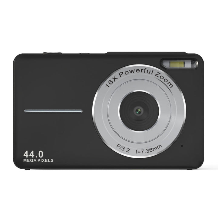 Teen holding a compact 44MP digital camera, capturing 1080P video with zoom for social media.