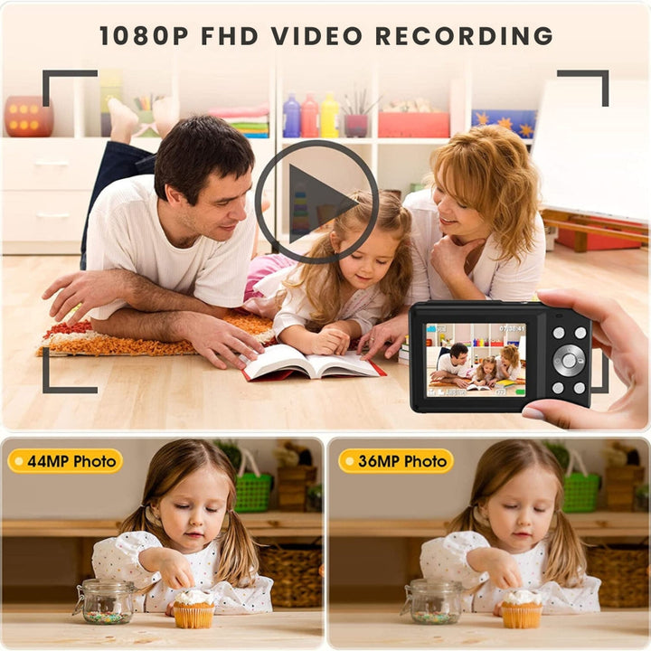 Compact 44MP digital camera with zoom, 1080P video, and webcam function for teens' creative needs.