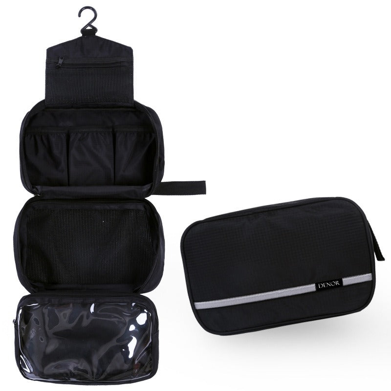Compact black hanging toiletry bag for travel organization