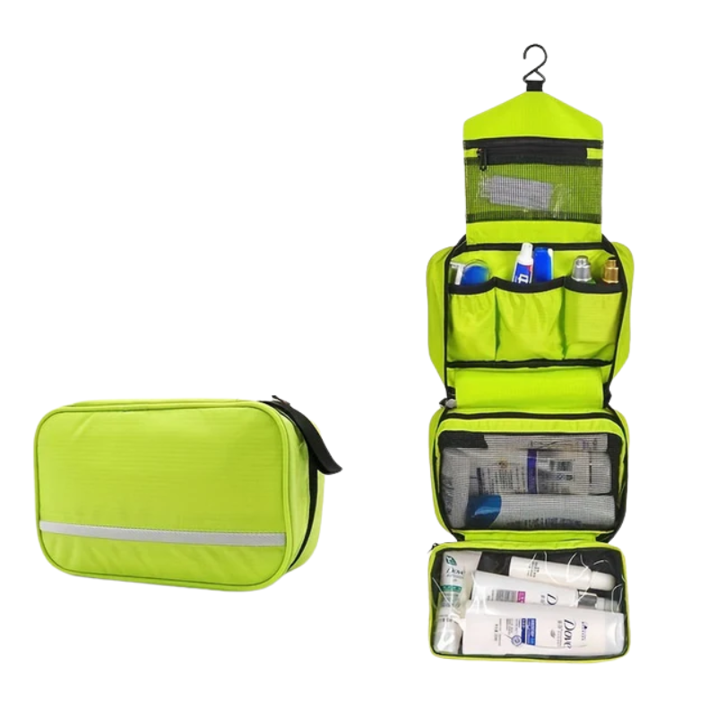 Blue travel organizer, compact hanging design for toiletries