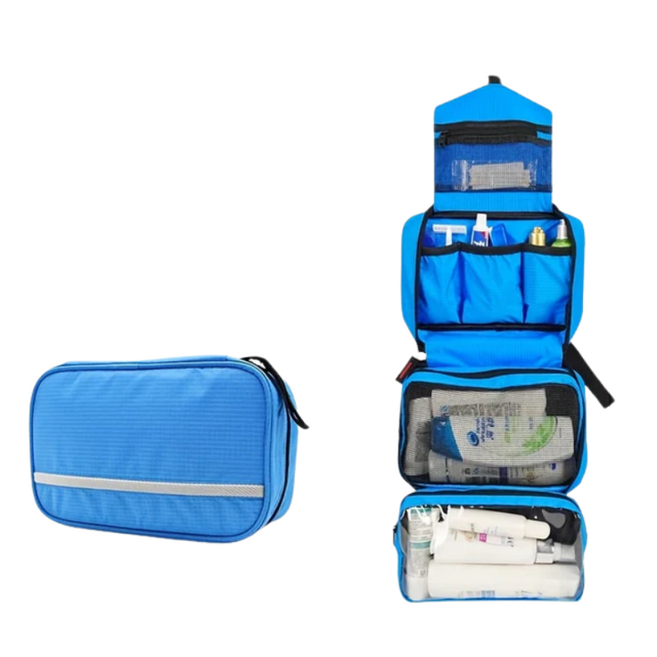 Green hanging toiletry bag, spacious and convenient for trips