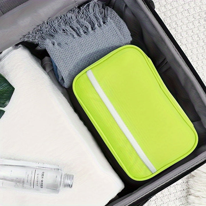 Blue compact toiletry bag with hanging hook for bathroom