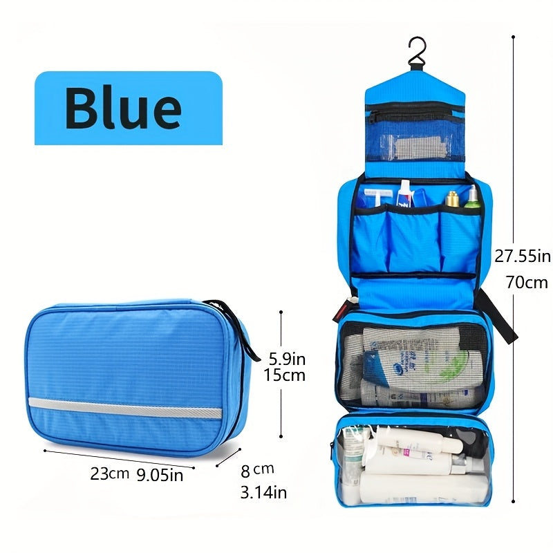 Close-up of a blue hanging toiletry bag, showing compartments