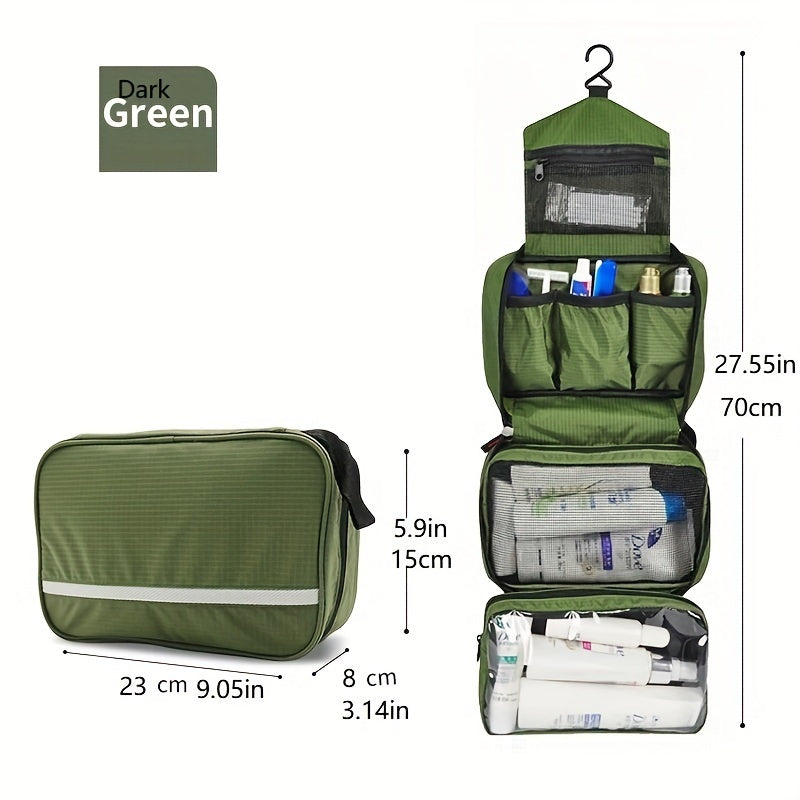Orange toiletry bag, portable and designed for hanging
