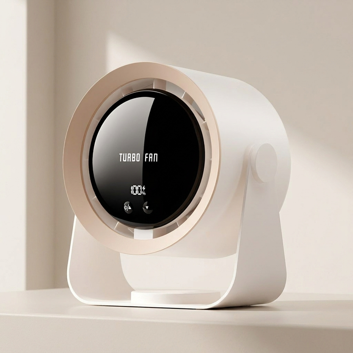 Compact bladeless fan with LED display, perfect for quiet home cooling & personal comfort.