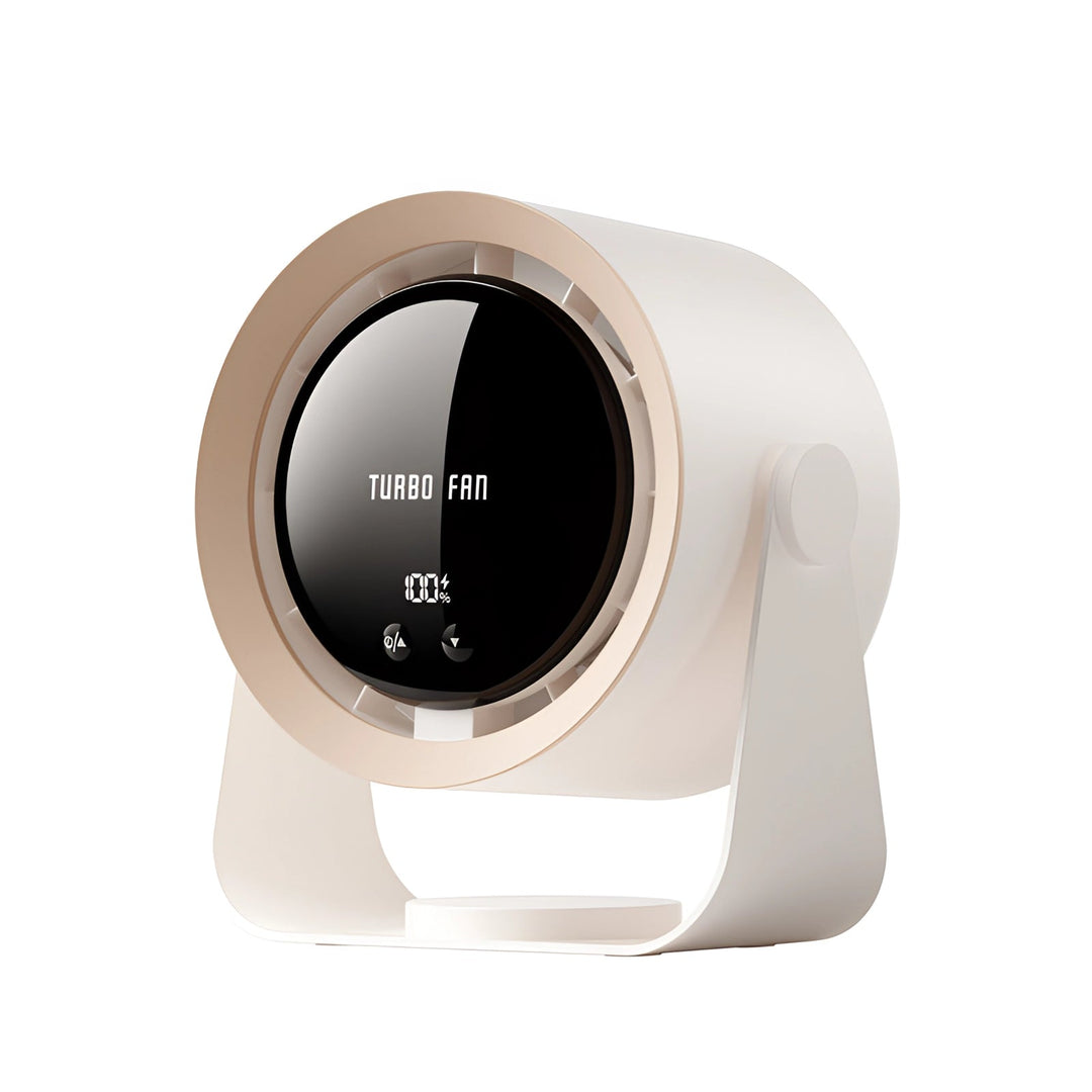 Portable bladeless desk fan with LED, ideal for modern office or personal space, quiet air circulation.