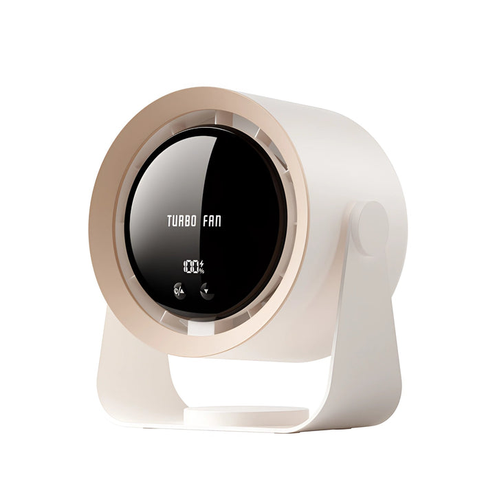Portable bladeless desk fan with LED, ideal for modern office or personal space, quiet air circulation.