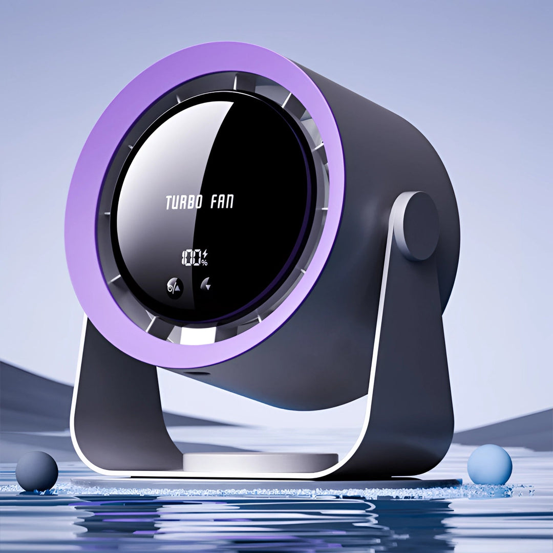 Ultra-quiet personal bladeless fan with LED screen for comfortable, energy-efficient air cooling at home or desk.