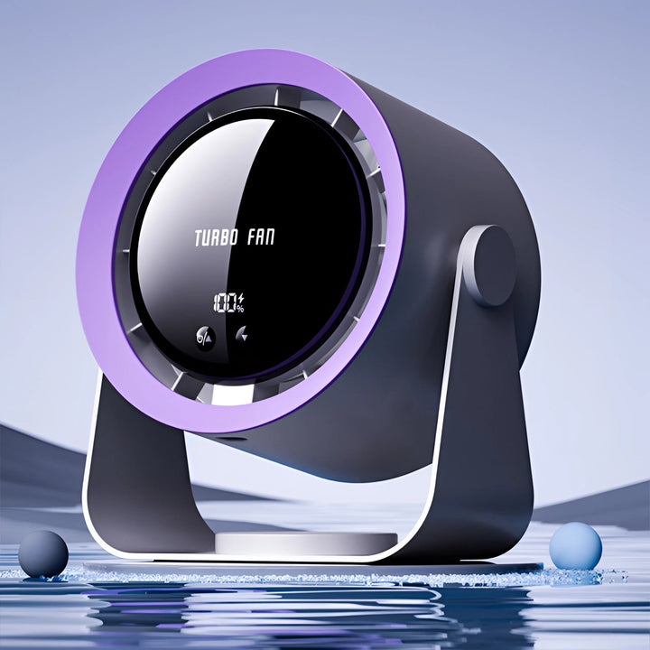Ultra-quiet personal bladeless fan with LED screen for comfortable, energy-efficient air cooling at home or desk.