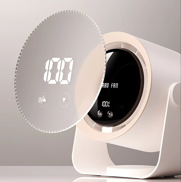 Bladeless desk fan with bright LED display & touch controls; a quiet, safe, and energy-efficient personal cooling device.