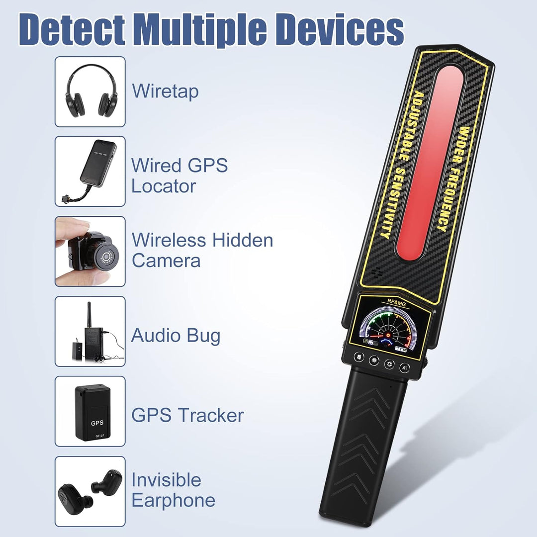 Portable privacy protection device. Easily detects GPS trackers, hidden cameras, and listening devices for personal security.