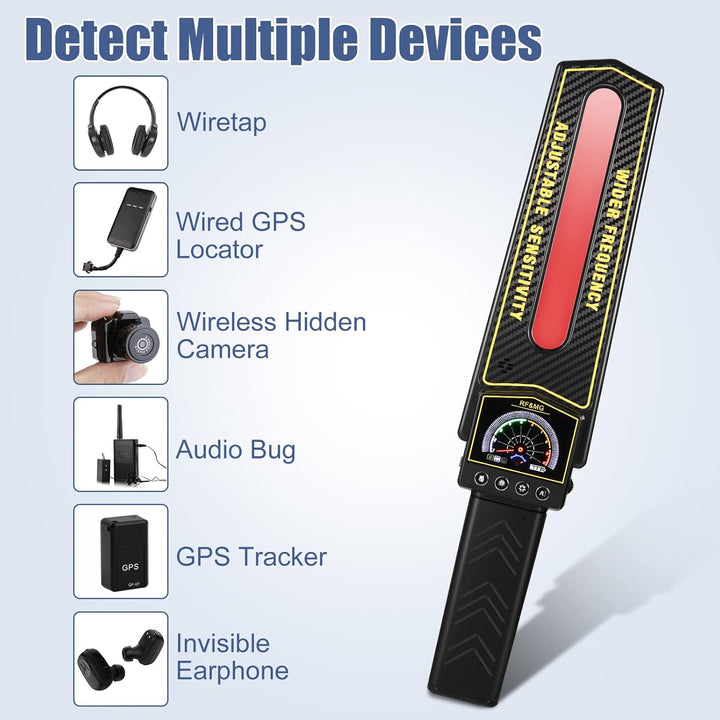 Portable privacy protection device. Easily detects GPS trackers, hidden cameras, and listening devices for personal security.