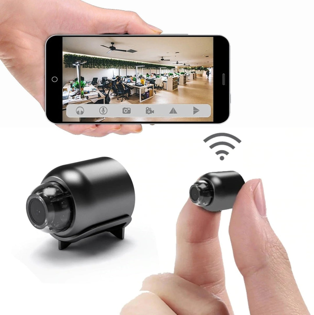 Compact HD Wi-Fi security camera with night vision, perfect for portable home surveillance and spy camera needs.