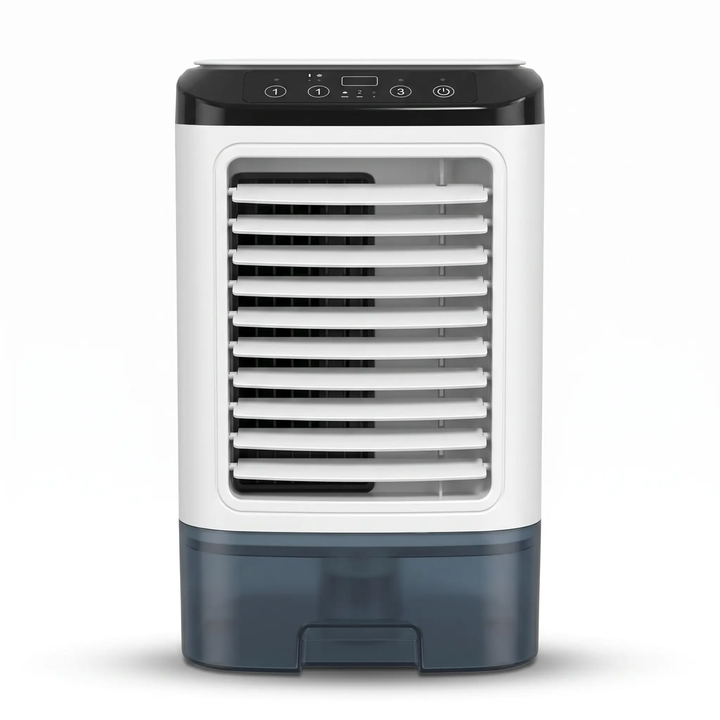 Compact personal portable air conditioner for desk, home, and office cooling.