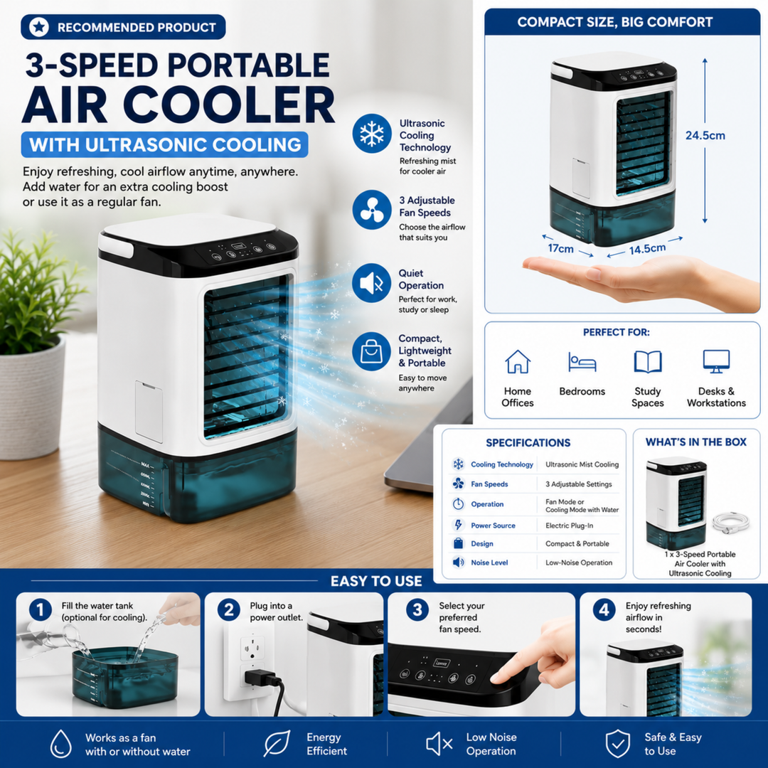 Mini AC unit, a quiet personal cooler fan for your desk or small room comfort.