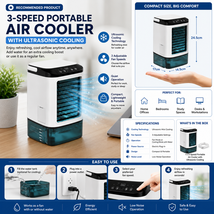 Mini AC unit, a quiet personal cooler fan for your desk or small room comfort.