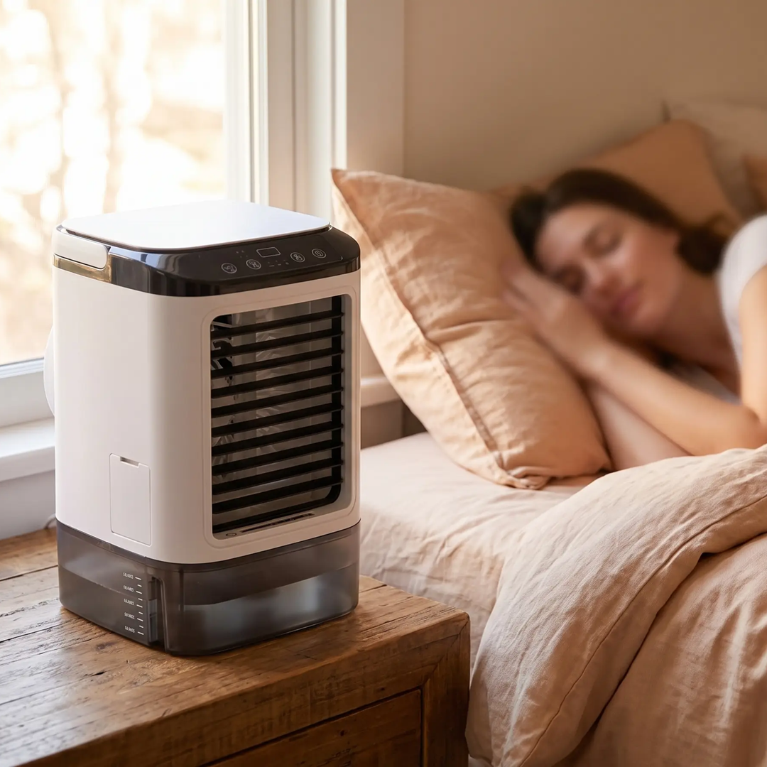 Ultrasonic personal mini AC, a quiet desk fan for effective room cooling.