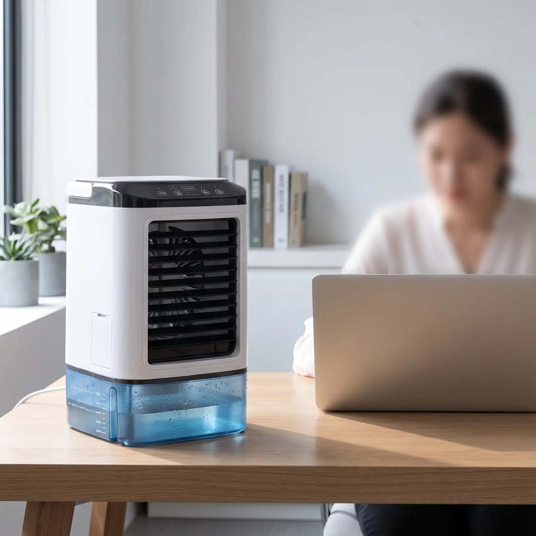 Small personal air conditioner, perfect for office, home, or bedroom cooling.