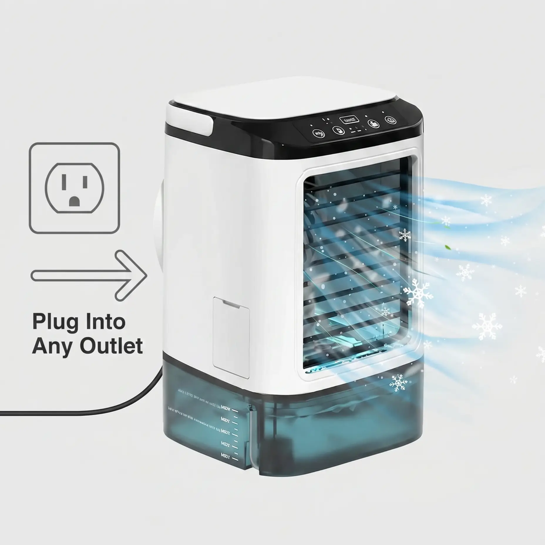 Personal portable air conditioner, a compact desk fan for quiet home office cooling.