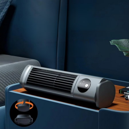 Portable personal space cooler on a desk, offering quiet 3-speed fan cooling. Perfect electric fan for home office.