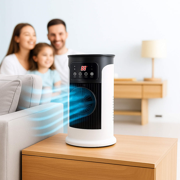 Energy-efficient portable AC unit, quiet operation for personal cooling in home office.