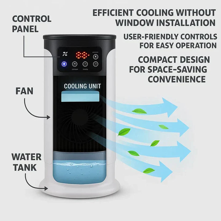 Portable room air conditioner with humidifier, perfect for small spaces, windowless & efficient.