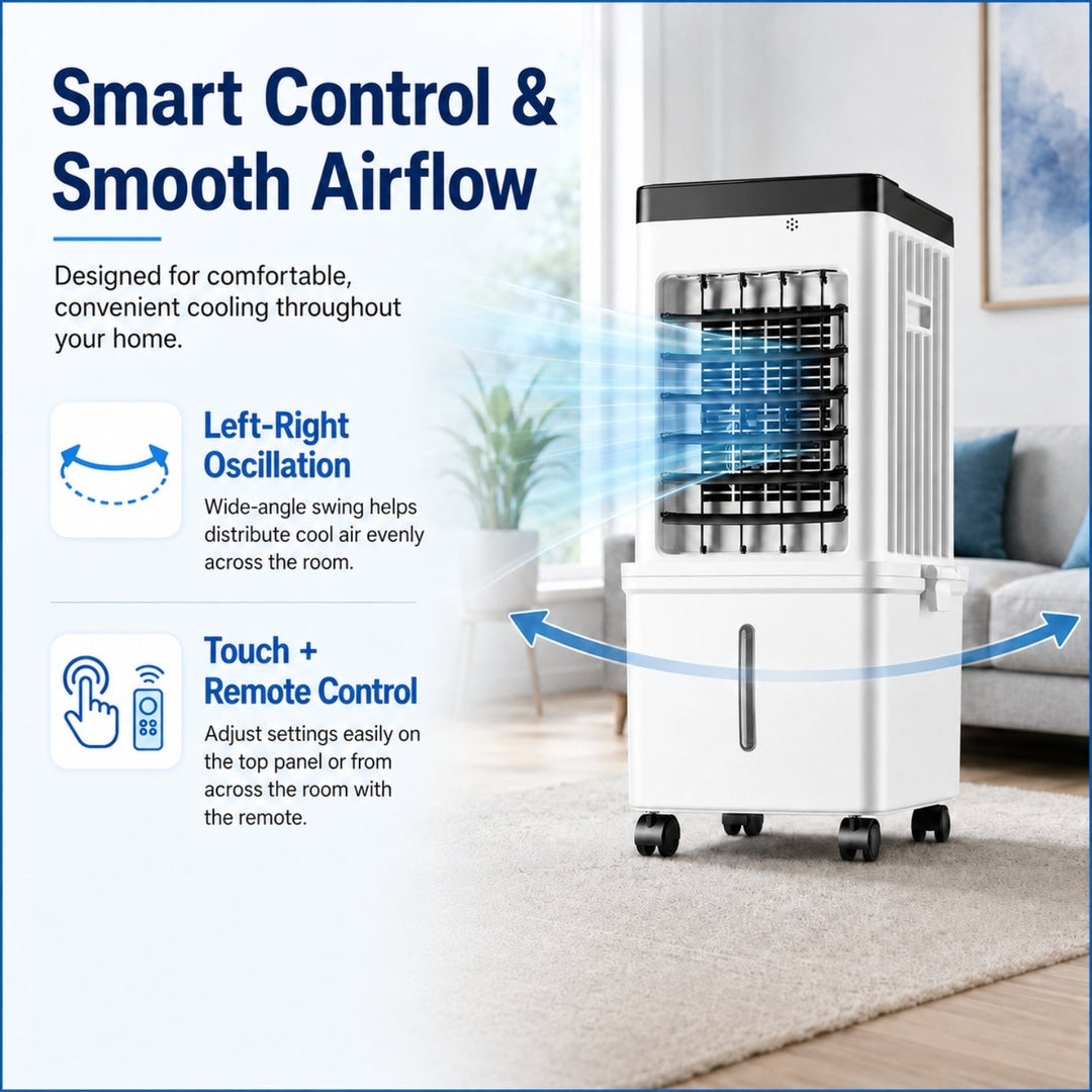 Portable air cooler shown with its remote control, offering convenient personal cooling.