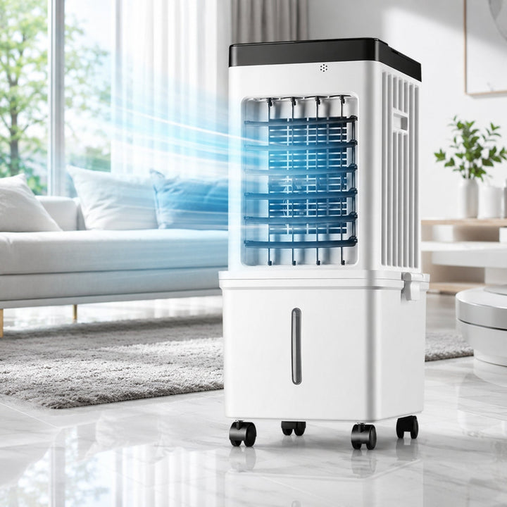 Compact portable air cooler for home, providing powerful yet quiet operation for summer comfort.