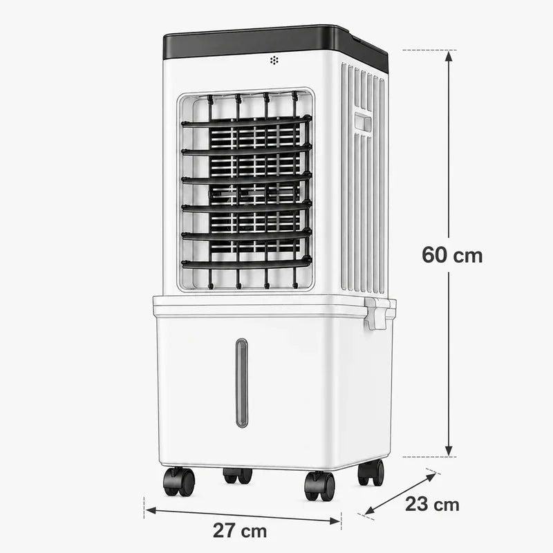 Sleek compact air cooler with remote control for convenient home cooling and personal comfort.