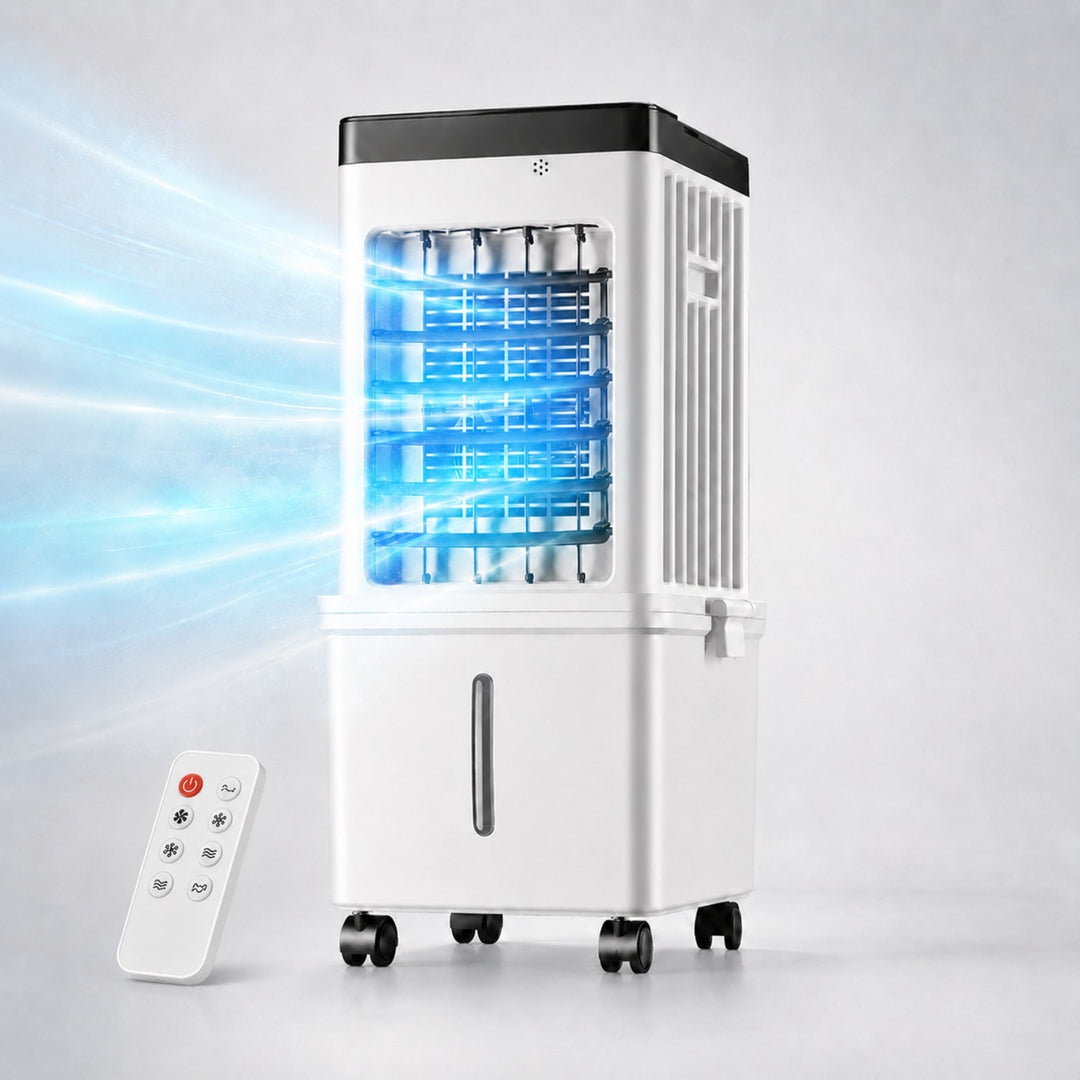 Front view of a portable fan & air cooler, delivering refreshing air for summer comfort.