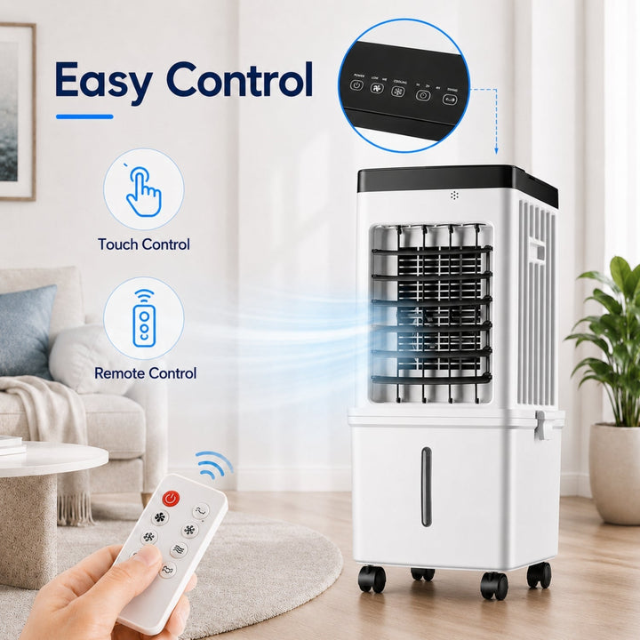 Ultra-quiet portable air cooler, ensuring peaceful summer comfort for bedroom or office.