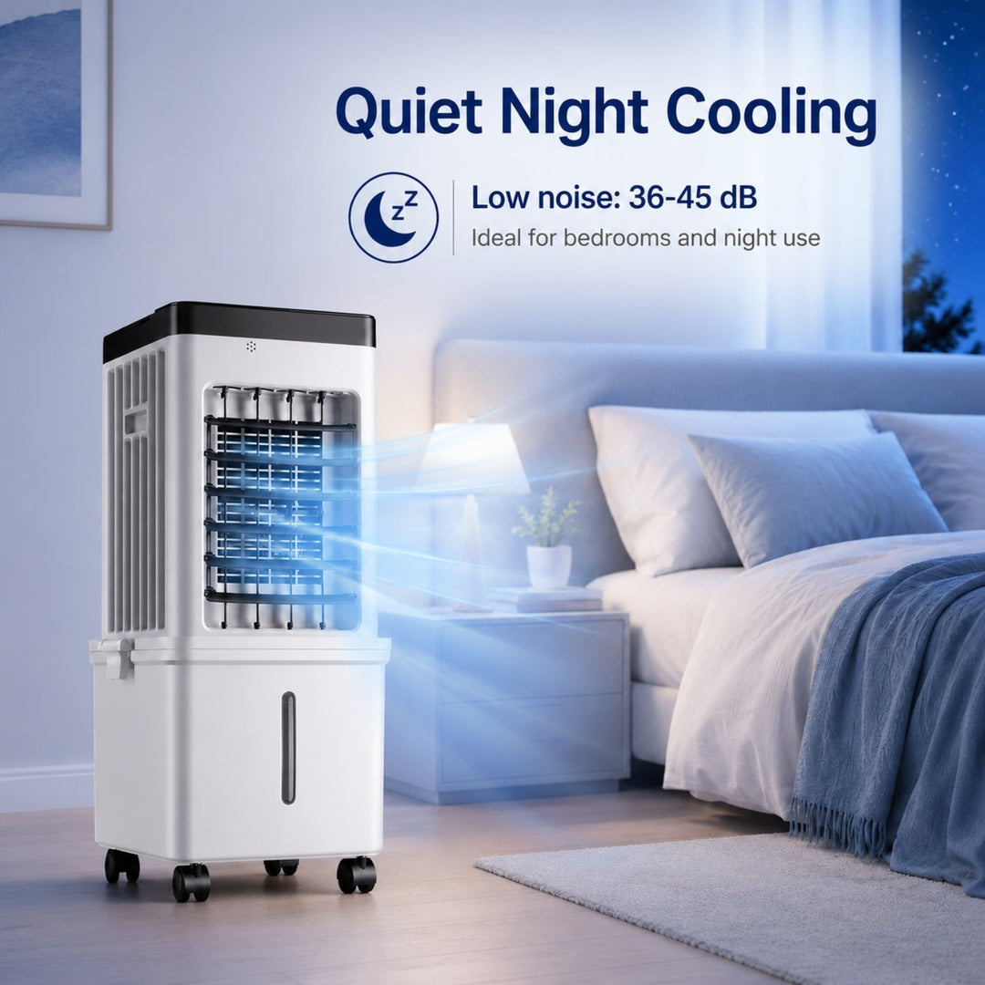 Compact air cooler in a living room setting, enhancing home cooling and indoor climate.