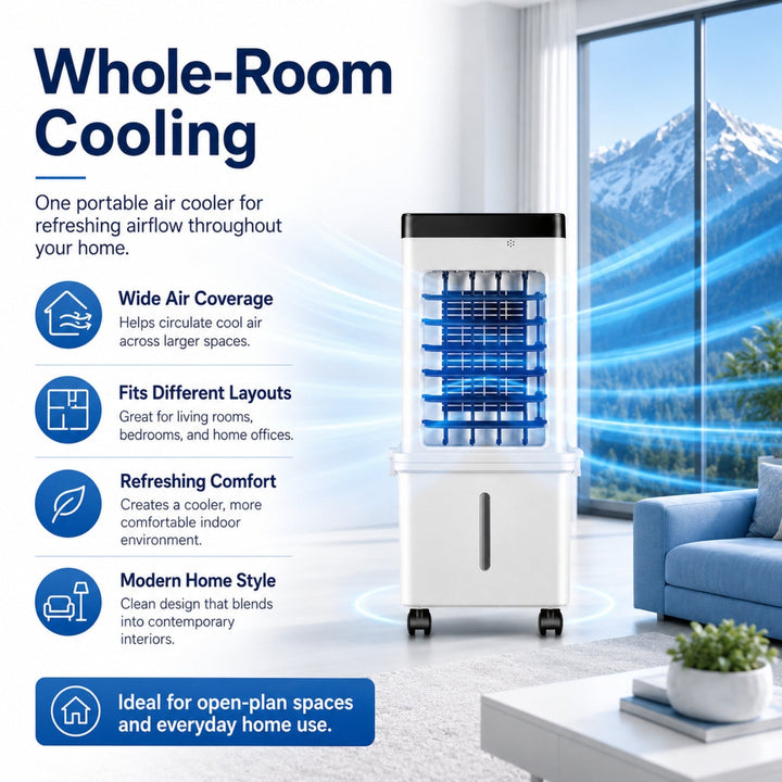 Close-up of compact portable air cooler's digital display, showing settings for optimal comfort.