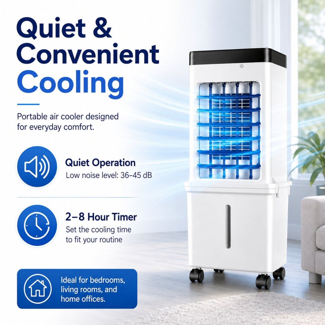 Side view of a modern portable air cooler, designed for efficient home cooling and summer comfort.