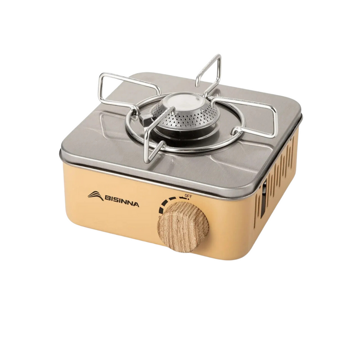 Durable stainless steel portable gas stove, high power burner for efficient outdoor camp kitchen cooking.