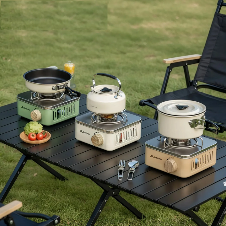 Ultra-compact portable camping gas stove, folded for easy storage & travel, ideal backpacking gear.
