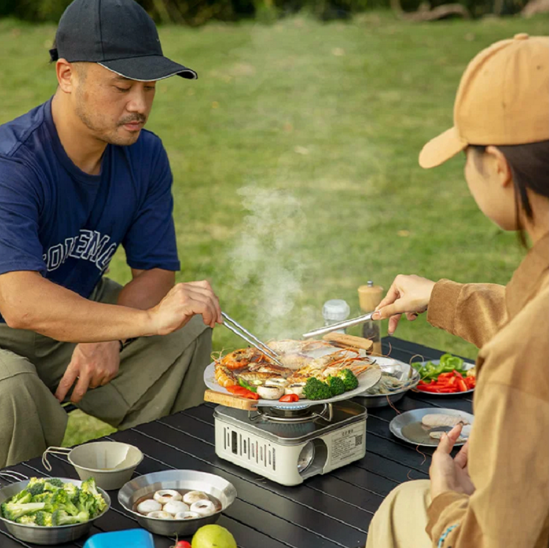 High power portable outdoor camping gas stove, ready for a pot, excellent for camp kitchen & picnic cooking.