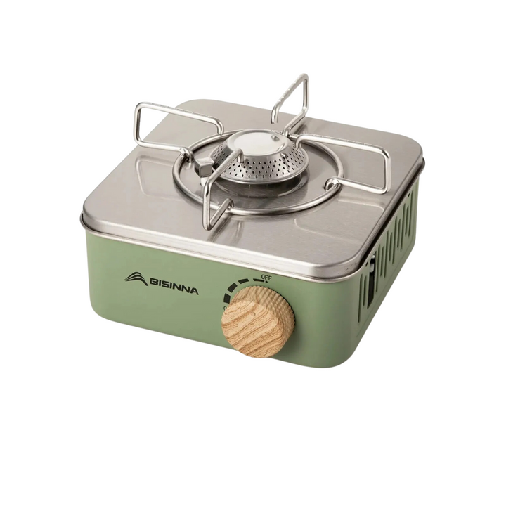 Lightweight portable camping gas stove, perfect outdoor cooker for hiking, travel, and adventure gear.