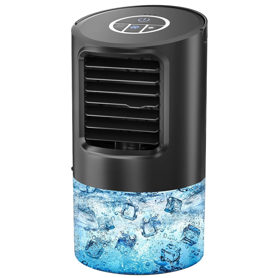 Small desktop air cooler for personal space. Compact evaporative fan offers efficient cooling for home, office, or travel.