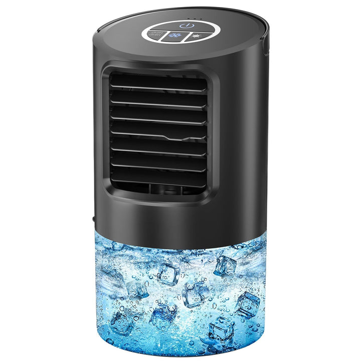 Small desktop air cooler for personal space. Compact evaporative fan offers efficient cooling for home, office, or travel.