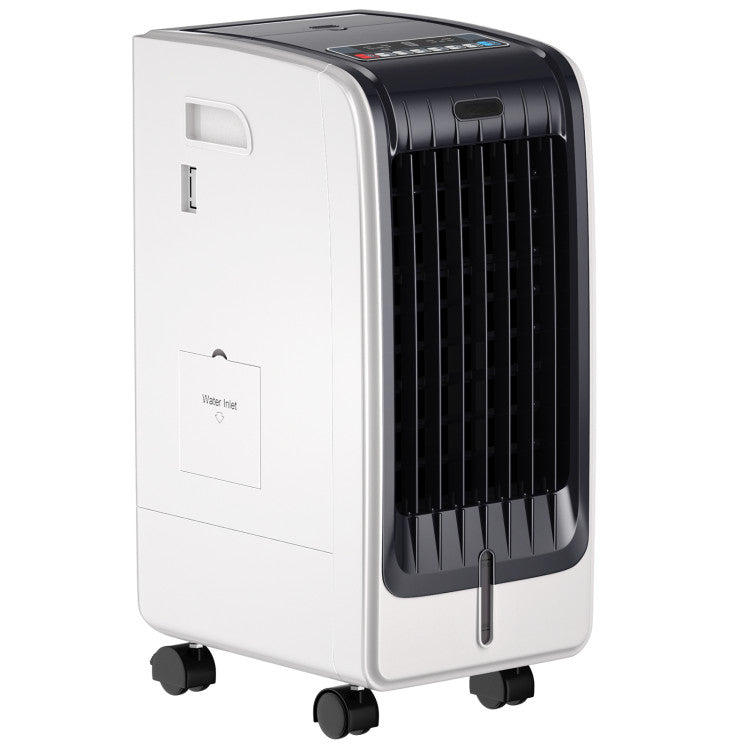 Compact portable evaporative air cooler with remote, 3-speed fan for personal indoor cooling & humidifying.