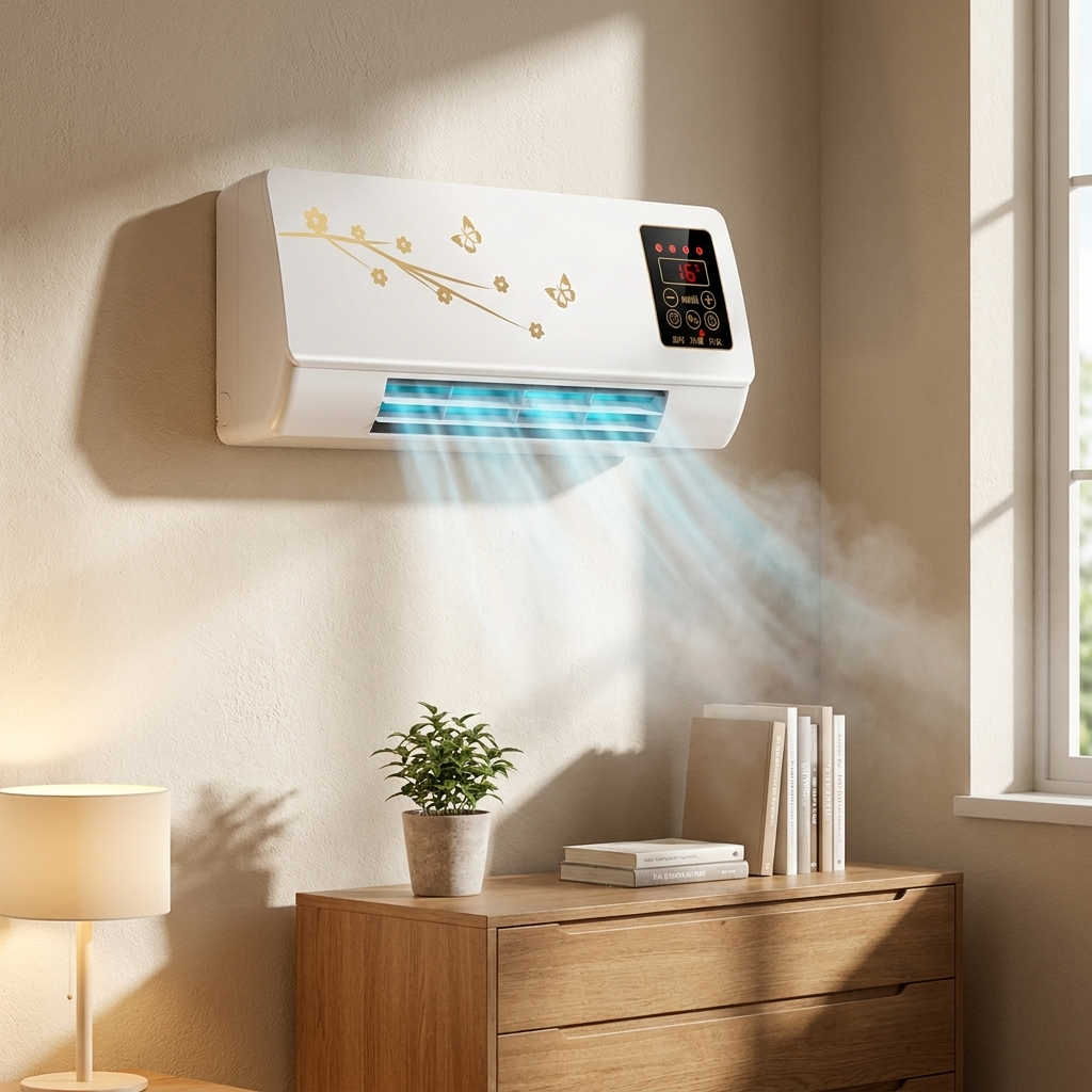 Quiet, energy-saving portable mini air cooler, ideal for personal desk use and home comfort.