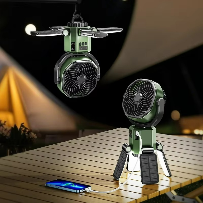 Compact portable solar camping fan with integrated LED light, ideal for outdoor adventures, hiking, and cooling.