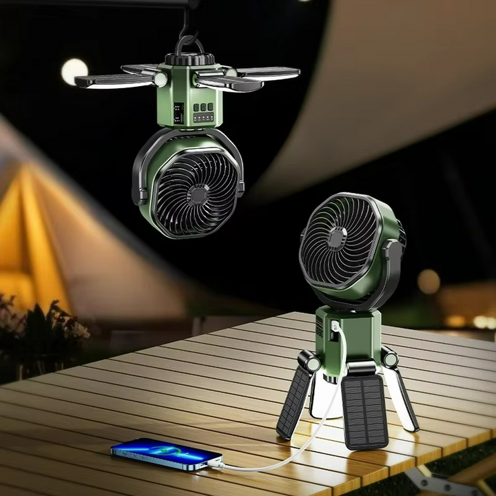Compact portable solar camping fan with integrated LED light, ideal for outdoor adventures, hiking, and cooling.