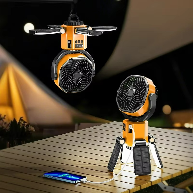 Rechargeable portable solar camping fan with bright LED light for tents & outdoor use. Essential cooling & illumination.