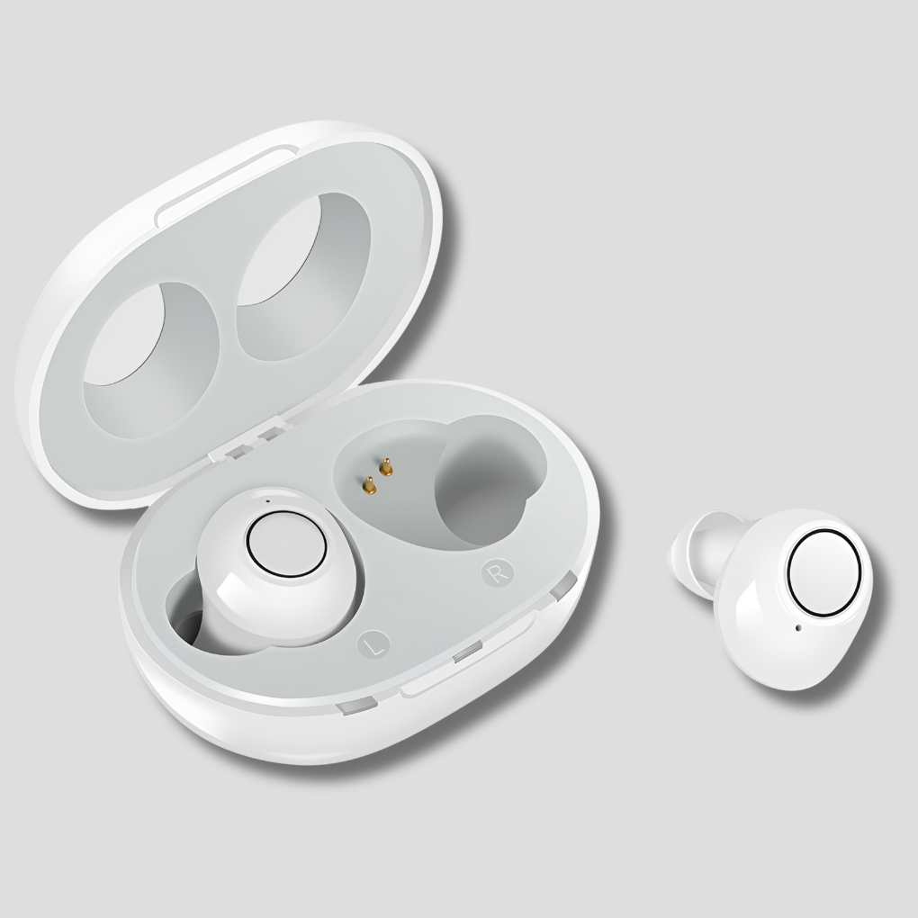 Compact rechargeable hearing aids with adjustable sound modes for clear audio; discreet personal sound amplifier.