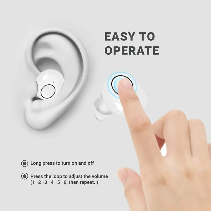 Discreet digital hearing aids featuring noise reduction & touch control for personal sound amplification & clarity.