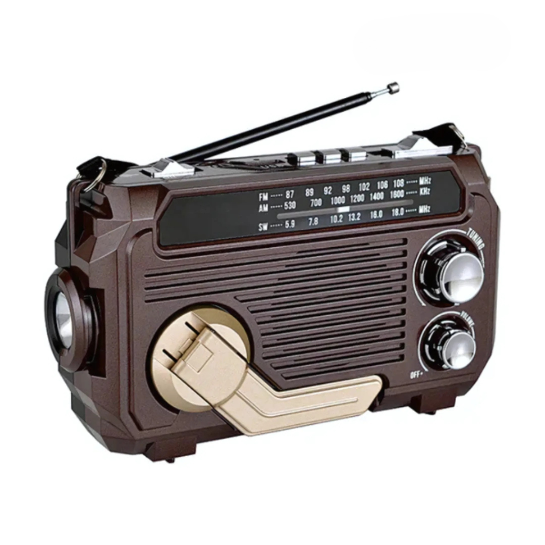 Compact solar & crank emergency radio for survival communication & weather alerts.