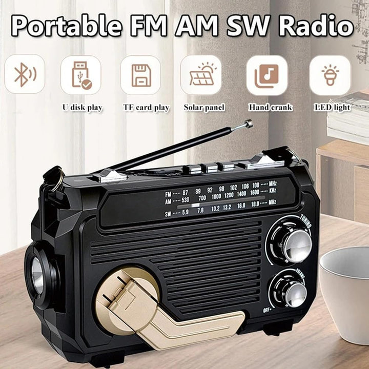 Portable emergency radio with solar, crank, power bank & flashlight for ultimate preparedness.
